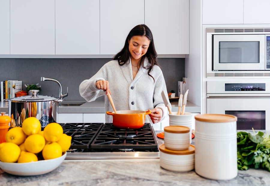 A home kitchen with cookware in use on the hob