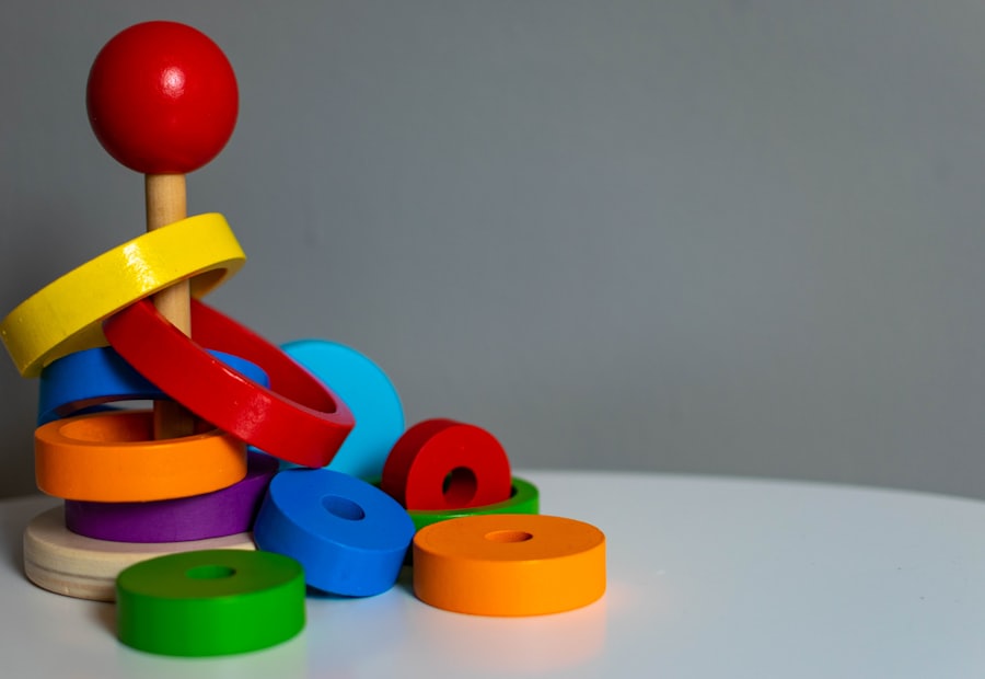 Colourful wooden stacking toy on a table