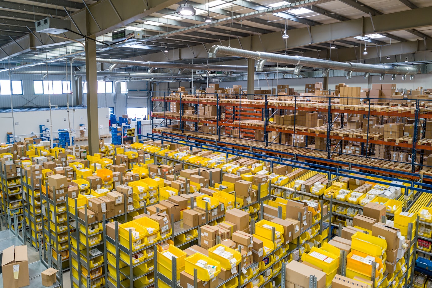 A fulfilment warehouse with sorted stock in picking bins